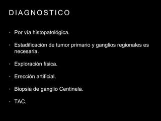 D I A G N O S T I C O
• Por vía histopatológica.
• Estadificación de tumor primario y ganglios regionales es
necesaria.
• Exploración física.
• Erección artificial.
• Biopsia de ganglio Centinela.
• TAC.
 