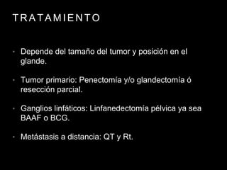 T R A T A M I E N T O
• Depende del tamaño del tumor y posición en el
glande.
• Tumor primario: Penectomía y/o glandectomía ó
resección parcial.
• Ganglios linfáticos: Linfanedectomía pélvica ya sea
BAAF o BCG.
• Metástasis a distancia: QT y Rt.
 