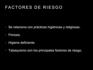 F A C T O R E S D E R I E S G O
• Se relaciona con prácticas higiénicas y religiosas.
• Fimosis.
• Higiene deficiente.
• Tabaquismo son los principales factores de riesgo.
 