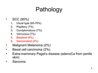5
Pathology
• SCC (95%)
1. Usual type (60-70%)
2. Papillary (7%)
3. Condylomatous (7%)
4. Verrucous (7%)
5. Basaloid (4%)
6. Sarcomatoid (4%)
• Malignant Melanoma (2%)
• Basal cell carcinoma (2%)
• Extra-mammary Paget’s disease (adenoCa from penile
skin)
• Sarcoma
 