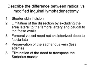 80
Describe the difference between radical vs
modified inguinal lymphadenectomy
1. Shorter skin incision
2. Limitation of the dissection by excluding the
area lateral to the femoral artery and caudal to
the fossa ovalis
3. Femoral vessel need not skeletonized deep to
fascia lata
4. Preservation of the saphenous vein (less
edema)
5. Elimination of the need to transpose the
Sartorius muscle
 