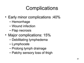 81
Complications
• Early minor complications :40%
– Hemorrhage
– Wound infection
– Flap necrosis
• Major complications: 15%
– Debilitating lymphedema
– Lymphocele
– Prolong lymph drainage
– Patchy sensory loss of thigh
 