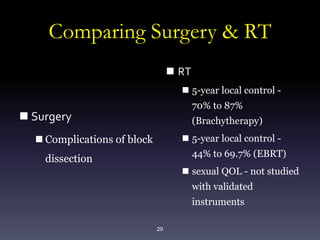 29
Comparing Surgery & RT
 Surgery
 Complications of block
dissection
 RT
 5-year local control -
70% to 87%
(Brachytherapy)
 5-year local control -
44% to 69.7% (EBRT)
 sexual QOL - not studied
with validated
instruments
 