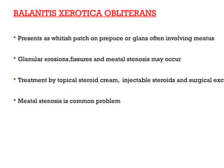 BALANITIS XEROTICA OBLITERANS
 Presents as whitish patch on prepuce or glans often involving meatus
 Glanular erosions,fissures and meatal stenosis may occur
 Treatment by topical steroid cream, injectable steroids and surgical exci
 Meatal stenosis is common problem
 