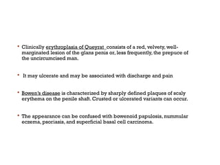  Clinically erythroplasia of Queyrat consists of a red, velvety, well-
marginated lesion of the glans penis or, less frequently, the prepuce of
the uncircumcised man.
 It may ulcerate and may be associated with discharge and pain
 Bowen’s disease is characterized by sharply defined plaques of scaly
erythema on the penile shaft. Crusted or ulcerated variants can occur.
 The appearance can be confused with bowenoid papulosis, nummular
eczema, psoriasis, and superficial basal cell carcinoma.
 
