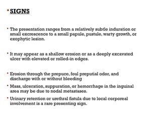 SIGNS
 The presentation ranges from a relatively subtle induration or
small excrescence to a small papule, pustule, warty growth, or
exophytic lesion.
 It may appear as a shallow erosion or as a deeply excavated
ulcer with elevated or rolled-in edges.
 Erosion through the prepuce, foul preputial odor, and
discharge with or without bleeding
 Mass, ulceration, suppuration, or hemorrhage in the inguinal
area may be due to nodal metastases.
 Urinary retention or urethral fistula due to local corporeal
involvement is a rare presenting sign.
 
