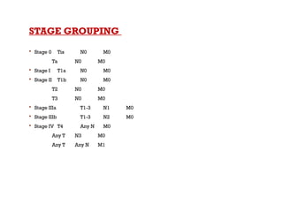 STAGE GROUPING
 Stage 0 Tis N0 M0
Ta N0 M0
 Stage I T1a N0 M0
 Stage II T1b N0 M0
T2 N0 M0
T3 N0 M0
 Stage IIIa T1-3 N1 M0
 Stage IIIb T1-3 N2 M0
 Stage IV T4 Any N M0
Any T N3 M0
Any T Any N M1
 