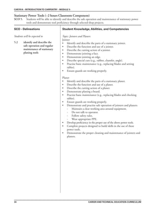 34
Student Knowledge, Abilities, and Competencies
Students will be expected to
Stationary Power Tools (~2 hours Classroom Component)
SCO 5. Students will be able to identify and describe the safe operation and maintenance of stationary power
tools and demonstrate tool proficiency through selected shop projects.
CAR701A - INTRODUCTIONTO CARPENTRY - MODULE 5
CAREER ANDTECHNICAL EDUCATION CURRICULUM
SCO - Delineations
5.2 identify and describe the
safe operation and regular
maintenance of stationary
planing tools
Topic: Jointers and Planers
Jointer
• Identify and describe the parts of a stationary jointer.
• Describe the function and use of a jointer.
• Describe the cutting action of a jointer.
• Demonstrate jointing a face.
• Demonstrate jointing an edge.
• Describe special cuts (e.g., rabbet, chamfer, angle).
• Practise basic maintenance (e.g., replacing blades and setting
tables).
• Ensure guards are working properly.
Planer
• Identify and describe the parts of a stationary planer.
• Describe the function and use of a planer.
• Describe the cutting action of a planer.
• Demonstrate planing a board.
• Practise basic maintenance (e.g., replacing blades and checking
tables).
• Ensure guards are working properly.
• Demonstrate and practise safe operation of jointers and planers:
- Maintain a clear working area around equipment.
- Do not talk to operator.
- Follow safety rules.
- Wear appropriate PPE.
• Develop proficiency in the proper use of the above power tools.
• Complete projects designed to build skills in the use of these
power tools.
• Demonstrate the proper cleaning and maintenance of jointers and
planers.
 