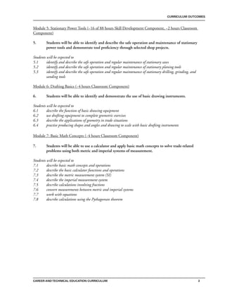 CURRICULUM OUTCOMES
CAREER ANDTECHNICAL EDUCATION CURRICULUM 3
Module 5: Stationary Power Tools (~16 of 88 hours Skill Development Component, ~2 hours Classroom
Component)
5. Students will be able to identify and describe the safe operation and maintenance of stationary
power tools and demonstrate tool proficiency through selected shop projects.
Students will be expected to
5.1 identify and describe the safe operation and regular maintenance of stationary saws
5.2 identify and describe the safe operation and regular maintenance of stationary planing tools
5.3 identify and describe the safe operation and regular maintenance of stationary drilling, grinding, and
sanding tools
Module 6: Drafting Basics (~4 hours Classroom Component)
6. Students will be able to identify and demonstrate the use of basic drawing instruments.
Students will be expected to
6.1 describe the function of basic drawing equipment
6.2 use drafting equipment to complete geometric exercises
6.3 describe the applications of geometry in trade situations
6.4 practise producing shapes and angles and drawing to scale with basic drafting instruments
Module 7: Basic Math Concepts (~4 hours Classroom Component)
7. Students will be able to use a calculator and apply basic math concepts to solve trade-related
problems using both metric and imperial systems of measurement.
Students will be expected to
7.1 describe basic math concepts and operations
7.2 describe the basic calculator functions and operations
7.3 describe the metric measurement system (SI)
7.4 describe the imperial measurement system
7.5 describe calculations involving fractions
7.6 convert measurements between metric and imperial systems
7.7 work with equations
7.8 describe calculations using the Pythagorean theorem
 