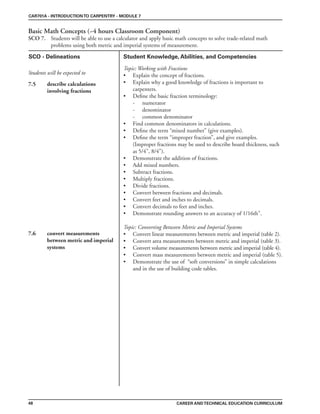 CAR701A - INTRODUCTIONTO CARPENTRY - MODULE 7
Basic Math Concepts (~4 hours Classroom Component)
SCO 7. Students will be able to use a calculator and apply basic math concepts to solve trade-related math
problems using both metric and imperial systems of measurement.
CAREER ANDTECHNICAL EDUCATION CURRICULUM
SCO - Delineations Student Knowledge, Abilities, and Competencies
Students will be expected to
48
7.5 describe calculations
involving fractions
7.6 convert measurements
between metric and imperial
systems
Topic: Working with Fractions
• Explain the concept of fractions.
• Explain why a good knowledge of fractions is important to
carpenters.
• Define the basic fraction terminology:
- numerator
- denominator
- common denominator
• Find common denominators in calculations.
• Define the term “mixed number” (give examples).
• Define the term “improper fraction”, and give examples.
(Improper fractions may be used to describe board thickness, such
as 5/4", 8/4").
• Demonstrate the addition of fractions.
• Add mixed numbers.
• Subtract fractions.
• Multiply fractions.
• Divide fractions.
• Convert between fractions and decimals.
• Convert feet and inches to decimals.
• Convert decimals to feet and inches.
• Demonstrate rounding answers to an accuracy of 1/16th".
Topic: Converting Between Metric and Imperial Systems
• Convert linear measurements between metric and imperial (table 2).
• Convert area measurements between metric and imperial (table 3).
• Convert volume measurements between metric and imperial (table 4).
• Convert mass measurements between metric and imperial (table 5).
• Demonstrate the use of “soft conversions” in simple calculations
and in the use of building code tables.
 