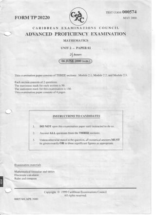Cape pure math 2000 unit 2 paper 2 | PDF
