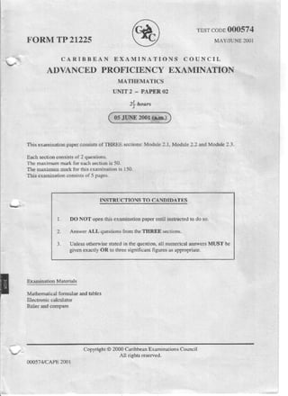 Cape pure math 2001 unit 2 paper 2