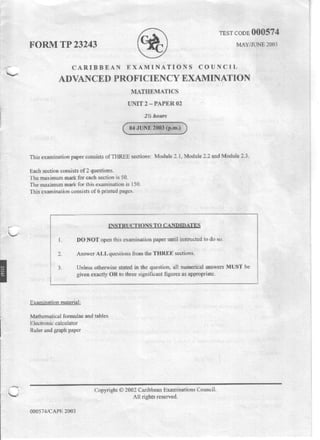 Cape pure math 2003 unit 2 paper 2