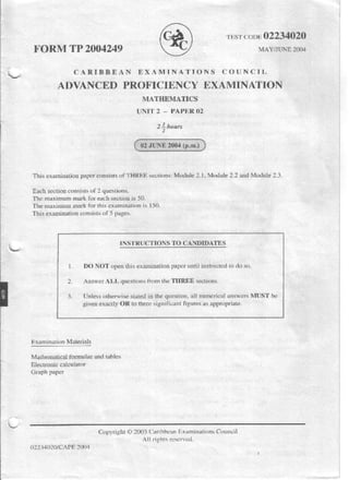Cape pure math 2004 unit 2 paper 2