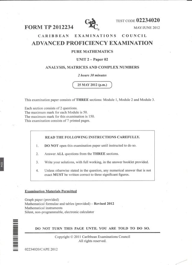 Cape pure math 2012 unit 2 paper 2