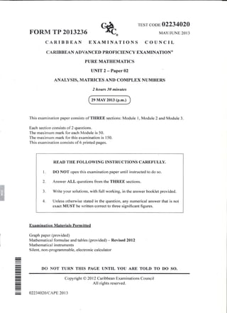 Cape pure math 2013 unit 2 paper 2