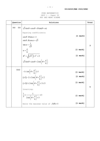- 9 -
02134020/KMS 2022/SPEC
PURE MATHEMATICS
UNIT 1 — Paper 02
KEY AND MARK SCHEME
Question Solutions Total
(c) (i)
3sin cos sin( )
R
θ θ θ α
+ = +
Equating coefficients:
( )
2
2 2
cos : sin 1
sin : cos 3
1
tan
3
6
3 1 2
3sin cos 2sin
6
R
R
R
θ α
θ α
α
π
α
π
θ θ θ
=
=
=
=
= +
=
 
+ = +
 
 
3
(ii)
( )
( )
1 sin 1
6
2 2 2sin 2
6
3 1 2sin 3 5
6
π
θ
π
θ
π
θ
 
− ≤ + ≤
 
 
 
× − ≤ + ≤
 
 
 
+ ≤ + + ≤
 
 
Inverting:
1 1
1
5
2sin 3
6
π
θ
≤ ≤
 
+ +
 
 
Hence the maximum value of ( ) 1
f θ =
5
[1 mark]
[1 mark]
[1 mark]
[1 mark]
[1 mark]
[1 mark]
[1 mark]
[1 mark]
 