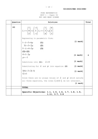 - 10 -
02134020/KMS 2022/SPEC
PURE MATHEMATICS
UNIT 1 — Paper 02
KEY AND MARK SCHEME
Question Solutions Total
(d)
1 2
1 1 1 6
: 0 3 : 3 2
5 1 4 3
l r l r
λ µ
−
       
       
=
+ =
+
       
       
−
       
Expressing in parametric form:
1 3 6
3 3 2
5 4 3
4 1 3
1
λ µ
λ µ
λ µ
µ
µ
− = +
= +
− = +
= −
= −
(1)
(2)
(3)
(3)-(2)
Substitute into (1): 4
λ =
Substituting for λ and µ into equation (2)
3(4) 3 2( 1)
12 1
= + −
≠
Since there are no unique values of λ and µ which satisfy
all three equations, the lines 1 2
l l
and do not intersect.
[1 mark]
6
TOTAL
Specific Objectives: 1.1, 1.5, 1.6, 1.7, 1.8, 1.9,
1.11, 3.7, 3.8
[1 mark]
[1 mark]
[1 mark]
[1 mark]
[1 mark]
 