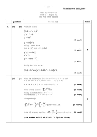 - 18 -
02134020/KMS 2022/SPEC
PURE MATHEMATICS
UNIT 1 — Paper 02
KEY AND MARK SCHEME
Question Solutions Total
6. (a) (i) Product rule:
( )
3
2
' ' '
2 3
' 6
fg f g fg
f x
f x
= +
= +
=
[1 mark]
( )
2
cos
g x
=
Apply Chain rule
Let 2
u x
= and cos( )
g u
=
[1 mark]
( )
2
'( ) sin( )
' 2
' 2 sin
g u u
u x
g x x
= −
=
= −
[1 mark]
Apply Product rule:
( ) ( ) ( ) ( )
2 2 3 2
' 6 cos 2 2 3 sin
fg x x x x x
= − +
[1 mark]
4
(b) (i) Area of rectangle region between x = -5 and
x = -5 and x = 0 under the line y = 3:
A = LW = 5 × 3 = 15 squared units [1 mark]
Area under curve:
0
5
4 xdx
−
−
∫ [1 mark]
Apply substitution: U = 4 - x
Boundaries: U = 4 and U = 9 [1 mark]
Integrating:
9
9 3
2
4
4
3 38
2 2
u du u
 
− = =
 
 
∫ squared units [2 marks]
Area of shaded region
38 7
15
3 3
= − = squared units [1 mark]
[The answer should be given in squared units]
6
 