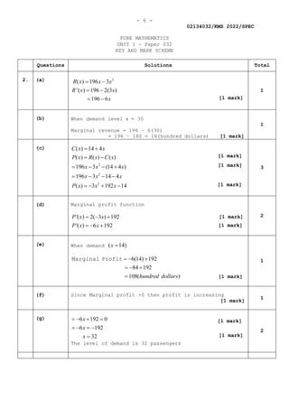 - 6 -
02134032/KMS 2022/SPEC
PURE MATHEMATICS
UNIT 1 — Paper 032
KEY AND MARK SCHEME
Questions Solutions Total
2. (a) 2
( ) 196 3
'( ) 196 2(3 )
196 6
R x x x
R x x
x
= −
= −
= −
1
(b) When demand level x = 30
Marginal revenue = 196 – 6(30)
= 196 – 180 = 16(hundred dollars) [1 mark]
1
(c)
2
2
2
( ) 14 4
( ) ( ) ( )
196 3 (14 4 )
196 3 14 4
( ) 3 192 14
C x x
P x R x C x
x x x
x x x
P x x x
= +
= −
= − − +
= − − −
=
− + −
3
(d) Marginal profit function
'( ) 2( 3 ) 192
'( ) 6 192
P x x
P x x
= − +
=
− +
2
(e) When demand ( 14)
x =
6(14) 192
84 192
108( )
hundred dollars
=
− +
=
− +
=
Marginal Profit 1
(f) Since Marginal profit >0 then profit is increasing
[1 mark]
1
(g) 6 192 0
6 192
32
x
x
x
=
− + =
=
− =
−
=
The level of demand is 32 passengers
2
[1 mark]
[1 mark]
[1 mark]
[1 mark]
[1 mark]
[1 mark]
[1 mark]
[1 mark]
[1 mark]
 