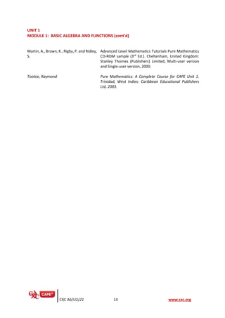 CXC A6/U2/21 14 www.cxc.org
UNIT 1
MODULE 1: BASIC ALGEBRA AND FUNCTIONS (cont’d)
Martin, A., Brown, K., Rigby, P. and Ridley,
S.
Advanced Level Mathematics Tutorials Pure Mathematics
CD-ROM sample (3rd
Ed.). Cheltenham, United Kingdom:
Stanley Thornes (Publishers) Limited, Multi-user version
and Single-user version, 2000.
Toolsie, Raymond Pure Mathematics: A Complete Course for CAPE Unit 1.
Trinidad, West Indies: Caribbean Educational Publishers
Ltd, 2003.
 