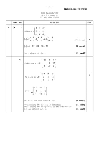 - 17 -
02234020/KMS 2022/SPEC
PURE MATHEMATICS
UNIT 2 — Paper 02
KEY AND MARK SCHEME
Question Solutions Total
6. (a) (i) 2 1 1
0 4 3
1 6 0
4 3 0 3 0 4
2 1 ( 1)
6 0 1 0 1 6
A
A
−
 
 
=  
 
−
 
= − + −
− −
Given
2( 18) 1(3) (4) 43
A =− − − =
− [1 mark]
Determinant of the A [1 mark]
5
(ii) 18 3 4
6 1 13
7 6 8
A
− −
 
 
= − − −
 
 
−
 
Cofactor of
18 6 7
3 1 6
4 13 8
A
− −
 
 
= − − −
 
 
−
 
Adjoint of
1
18 6 7
1
3 1 6
43
4 13 8
A−
− −
 
 
=
− − − −
 
 
−
 
One mark for each correct row [3 marks]
Transposing the matrix of cofactors [1 mark]
Multiplying the reciprocal of the determinant
by the Adjoint matrix [1 mark]
5
[3 marks]
 