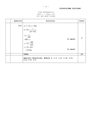 - 10 -
02234032/KMS 2022/SPEC
PURE MATHEMATICS
UNIT 2 — Paper 032
KEY AND MARK SCHEME
Question Solutions Total
(ii)
( )
2
0, 5 ,
5 10
0 10
5
100
500
500
25
625
25 0.8
24.2
t y kg
c
c
c
y
y
kg
= =
= +
+
− =
− =
= −
= −
=
At
2
TOTAL 20
Specific Objectives: Module 3, 1.1, 1.2, 1.11, 2.5,
2.6, 2.9, 3.1
[1 mark]
[1 mark]
 