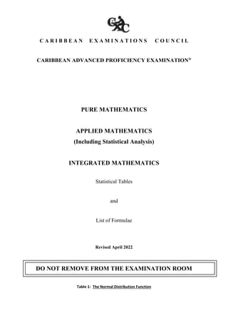 C A R I B B E A N E X A M I N A T I O N S C O U N C I L
CARIBBEAN ADVANCED PROFICIENCY EXAMINATION®
PURE MATHEMATICS
APPLIED MATHEMATICS
(Including Statistical Analysis)
INTEGRATED MATHEMATICS
Statistical Tables
and
List of Formulae
Revised April 2022
DO NOT REMOVE FROM THE EXAMINATION ROOM
Table 1: The Normal Distribution Function
 