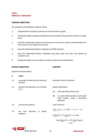 CXC A6/U2/21 21 www.cxc.org
UNIT 1
MODULE 3: CALCULUS I
GENERAL OBJECTIVES
On completion of this Module, students should:
1. understand the concept of continuity of a function from its graph;
2. develop the ability to identify and determine the limits (when they exist) of functions in simple
cases;
3. know the relationships between the derivative of a function at a point and the behaviour of
the function and its tangent at that point;
4. know the relationship between integration and differentiation;
5. know the relationship between integration and areas under the curve, and volumes of
revolution; and,
6. develop the ability to use concepts to model and solve real-world problems.
SPECIFIC OBJECTIVES CONTENT
Students should be able to:
1. Limits
1.1 use graphs to determine the limit of a
function;
Concept of limit of a function.
Graphs of functions:
(a) with and without limits; and,
(b) as x gets arbitrarily close to some given
fixed number, using a descriptive
approach.
1.2 describe the behaviour of a function
𝑓(𝑥);
1.3 use the limit notation; Limit Theorems:
( )
lim ,
x a
f x L
→
= 𝑓(𝑥) → L as x → a;
if 𝑙𝑖𝑚
𝑥→𝑎
𝑓(𝑥) = 𝐹, 𝑙𝑖𝑚
𝑥→𝑎
𝑔(𝑥) = 𝐺; 𝑎𝑛𝑑,
then 𝑙𝑖𝑚
𝑥→𝑎
𝑘𝑓(𝑥) = 𝑘𝐹, 𝑙𝑖𝑚
𝑥→𝑎
𝑓(𝑥)𝑔(𝑥)
= 𝐹𝐺.
1.4 use limit theorems in simple
problems;
 