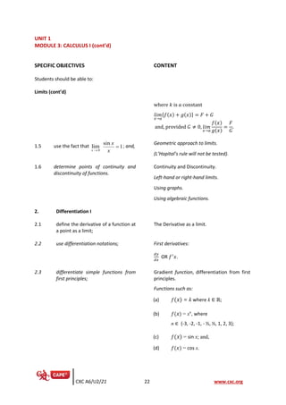 CXC A6/U2/21 22 www.cxc.org
UNIT 1
MODULE 3: CALCULUS I (cont’d)
SPECIFIC OBJECTIVES CONTENT
Students should be able to:
Limits (cont’d)
where 𝑘 is 𝑎 constant
𝑙𝑖𝑚
𝑥→𝑎
{𝑓(𝑥) + 𝑔(𝑥)} = 𝐹 + 𝐺
and, provided 𝐺 ≠ 0, 𝑙𝑖𝑚
𝑥→𝑎
𝑓(𝑥)
𝑔(𝑥)
=
𝐹
𝐺
.
1.5 use the fact that
0
lim
x →
sin
1
x
x
= ; and,
Geometric approach to limits.
(L’Hopital’s rule will not be tested).
1.6 determine points of continuity and
discontinuity of functions.
Continuity and Discontinuity.
Left-hand or right-hand limits.
Using graphs.
Using algebraic functions.
2. Differentiation I
2.1 define the derivative of a function at
a point as a limit;
The Derivative as a limit.
2.2 use differentiation notations; First derivatives:
𝑑𝑦
𝑑𝑥
OR 𝑓′
𝑥.
2.3 differentiate simple functions from
first principles;
Gradient function, differentiation from first
principles.
Functions such as:
(a) 𝑓(𝑥) = k where k ∈ ℝ;
(b) 𝑓(𝑥) = xn
, where
n ∈ {-3, -2, -1, - ½, ½, 1, 2, 3};
(c) 𝑓(𝑥) = sin x; and,
(d) 𝑓(𝑥) = cos x.
 