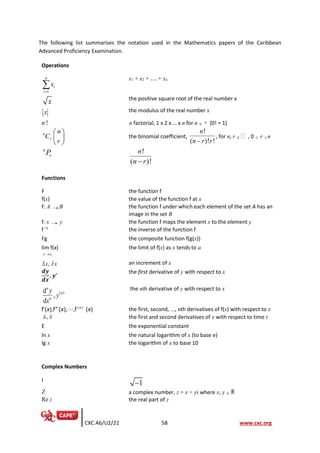 CXC A6/U2/21 58 www.cxc.org
The following list summarises the notation used in the Mathematics papers of the Caribbean
Advanced Proficiency Examination.
Operations
1
n
i
i
x
=

x1 + x2 + + xn
x the positive square root of the real number x
x the modulus of the real number x
n ! n factorial, 1 x 2 x … x n for n  (0! = 1)
n
r
n
C
r
 
 
 
the binomial coefficient,
!
( )! !
n
n r r
−
, for n, r  , 0  r  n
n
r
P !
( )!
n
n r
−
Functions
F the function f
f(x) the value of the function f at x
f: A → B the function f under which each element of the set A has an
image in the set B
f: x → y the function f maps the element x to the element y
f–1
the inverse of the function f
Fg the composite function f(g(x))
lim f(x)
x a
→
the limit of f(x) as x tends to a
x,  x an increment of x
𝒅𝒚
𝒅𝒙
, 𝒚′ the first derivative of y with respect to x
( )
d
,
d
n
n
n
y
y
x
the nth derivative of y with respect to x
f’(x),f'' (x),,f ( )
n
(x) the first, second, …, nth derivatives of f(x) with respect to x
,
x x the first and second derivatives of x with respect to time t
E the exponential constant
ln x the natural logarithm of x (to base e)
lg x the logarithm of x to base 10
Complex Numbers
I
1
−
Z a complex number, z = x + yi where x, y  R
Re z the real part of z
 