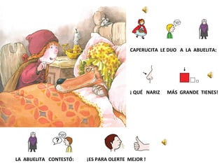 CAPERUCITA LE DIJO A LA ABUELITA:
¡ QUÉ NARIZ
LA ABUELITA CONTESTÓ:
¡ES PARA OLERTE MEJOR !
MÁS GRANDE TIENES!