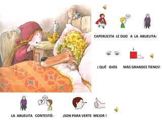CAPERUCITA LE DIJO A LA ABUELITA:
¡ QUÉ OJOS
LA ABUELITA CONTESTÓ:
¡SON PARA VERTE MEJOR !
MÁS GRANDES TIENES!