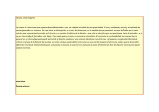Abuela, viste elegante.



La escena lo constituyen dos espacios bien diferenciados. Uno, un callejón sin salida de una gran ciudad. El otro, una tienda, pulcra y actualizada de
ventas generales: es un bazar. En este bazar se distinguirán, a su vez, dos áreas que, en la medida que se presenten, estarán definidas en el texto:
«atrás» que representa el corredor y el «frente», en cambio, la oficina de la Abuela —que sólo se identifica por una puerta que tiene de entrada— y, a
su vez, la entrada de fachada a este bazar. Para nada quiere el autor un escenario naturalista. Al contrario, la continuidad de las escenas (por lo
general en un ritmo aligerado) puede permitirle al director establecer una relación (des)lineal con el tiempo y el espacio, otorgándole libertad de
criterio en el uso de la historia de la pieza, en tanto a lo que puede definir éste como un uso real del espacio: el elemento onírico quiere desarrollar
diferentes niveles de interpretación para una puesta en escena, la cual no le es exclusiva al autor. El director es libre de disponer como quiera aquél
espacio escénico.




acto único

Escena primera
 