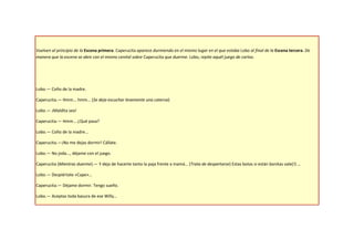 Vuelven al principio de la Escena primera. Caperucita aparece durmiendo en el mismo lugar en el que estaba Lobo al final de la Escena tercera. De
manera que la escena se abre con el mismo cenital sobre Caperucita que duerme. Lobo, repite aquél juego de cartas.




Lobo.— Coño de la madre.

Caperucita.— Hmm... hmm... (Se deja escuchar levemente una caterva)

Lobo.— ¡Maldita sea!

Caperucita.— Hmm... ¿Qué pasa?

Lobo.— Coño de la madre...

Caperucita.—¡No me dejas dormir! Cállate.

Lobo.— No joda..., déjame con el juego.

Caperucita (Mientras duerme).— Y deja de hacerte tanto la paja frente a mamá… (Trata de despertarse) Estas botas si están bonitas vale(!) …

Lobo.— Despiértate «Cape»…

Caperucita.— Déjame dormir. Tengo sueño.

Lobo.— Aceptas toda basura de ese Willy…
 