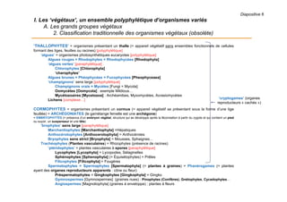 Diapositive 6
I. Les ‘végétaux’, un ensemble polyphylétique d’organismes variés
A. Les grands groupes végétaux
2. Classification traditionnelle des organismes végétaux (obsolète)
‘THALLOPHYTES’ = organismes présentant un thalle (= appareil végétatif sans ensembles fonctionnels de cellules
formant des tiges, feuilles ou racines) [polyphylétique]
‘algues’ = organismes photosynthétiques eucaryotes [polyphylétique]
Algues rouges = Rhodophytes = Rhodophycées [Rhodophyta]
‘algues vertes’ [paraphylétique]
Chlorophytes [Chlorophyta]
‘charophytes’
Algues brunes = Phéophycées = Fucophycées [Pheophyceaea]
‘champignons’ sens large [polyphylétique]
Champignons vrais = Mycètes [Fungi = Mycota]
Oomycètes [Oomycota] : exemple Mildious…
Mycétozoaires [Mycetozoa] : Archéamibes, Myxomycètes, Acrasiomycètes
Lichens [complexe…]
CORMOPHYTES = organismes présentant un cormus (= appareil végétatif se présentant sous la forme d’une tige
feuillée) = ARCHÉGONIATES (le gamétange femelle est une archégone)
= EMBRYOPHYTES (= présence d’un embryon végétal, structure qui se développe après la fécondation à partir du zygote et qui contient un pied
ou suçoir, un suspenseur et une tête)
‘brophytes’ sens large [paraphylétique]
Marchantiophytes [Marchantiophyta] =Hépatiques
Anthocérotophytes [Anthocerotophyta] = Anthocérotes
Bryophytes sens strict [Bryophyta] = Mousses, Sphaignes…
Trachéophytes (Plantes vasculaires) = Rhizophytes (présence de racines)
‘ptéridophytes’ = plantes vasculaires à spores [paraphylétique]
Lycophytes [Lycophyta] = Lycopodes, Sélaginelles
Sphénophytes [Sphenophyta] (= Équisétophytes) = Prêles
Filicophytes [Filicophyta] = Fougères
Spermatophytes = Spermaphytes [Spermatophyta] (= plantes à graines) = Phanérogames (= plantes
ayant des organes reproducteurs apparents : cône ou fleur)
Préspermatophytes = Gingkophytes [Gingkophyta] = Gingko
Gymnospermes [Gymnospermes] (graines nues) : Pinophytes (Conifères), Gnétophytes, Cycadophytes…
Angiospermes [Magnoliophyta] (graines à enveloppe) : plantes à fleurs
‘cryptogames’ (organes
reproducteurs « cachés »)
 