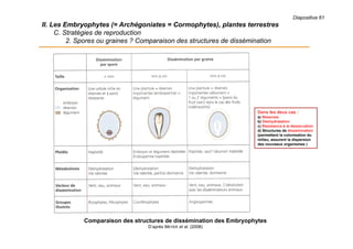 Diapositive 61
II. Les Embryophytes (= Archégoniates = Cormophytes), plantes terrestres
C. Stratégies de reproduction
2. Spores ou graines ? Comparaison des structures de dissémination
Comparaison des structures de dissémination des Embryophytes
D’après MEYER et al. (2008)
Dans les deux cas :
a) Réserves
b) Déshydratation
c) Résistance à la dessiccation
d) Structures de dissémination
(permettent la colonisation du
milieu, assurent la dispersion
des nouveaux organismes )
 
