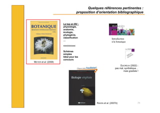 Quelques références pertinentes :
proposition d’orientation bibliographique
71
Le top en BV :
physiologie,
anatomie,
écologie,
phylogénie,
classification
…
<<<<<<<<<
Schémas
simples
Idéal pour les
concours
MEYER et al. (2008)
DUCREUX (2002) :
pas mal, synthétique…
mais gradiste !
RAVEN et al. (2007b)
 