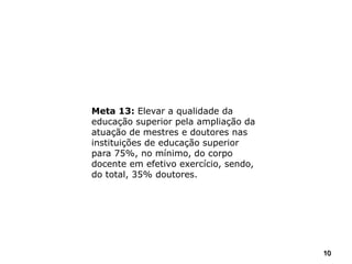 10
Meta 13: Elevar a qualidade da
educação superior pela ampliação da
atuação de mestres e doutores nas
instituições de educação superior
para 75%, no mínimo, do corpo
docente em efetivo exercício, sendo,
do total, 35% doutores.
 