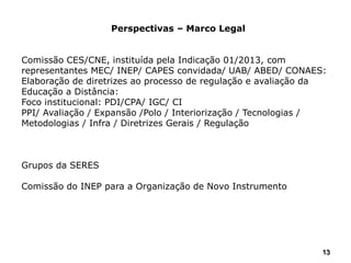 13
Perspectivas – Marco Legal
Comissão CES/CNE, instituída pela Indicação 01/2013, com
representantes MEC/ INEP/ CAPES convidada/ UAB/ ABED/ CONAES:
Elaboração de diretrizes ao processo de regulação e avaliação da
Educação a Distância:
Foco institucional: PDI/CPA/ IGC/ CI
PPI/ Avaliação / Expansão /Polo / Interiorização / Tecnologias /
Metodologias / Infra / Diretrizes Gerais / Regulação
Grupos da SERES
Comissão do INEP para a Organização de Novo Instrumento
 