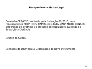 14
Perspectivas – Marco Legal
Comissão CES/CNE, instituída pela Indicação 01/2013, com
representantes MEC/ INEP/ CAPES convidada/ UAB/ ABED/ CONAES:
Elaboração de diretrizes ao processo de regulação e avaliação da
Educação a Distância
Grupos da SERES
Comissão do INEP para a Organização de Novo Instrumento
 