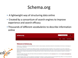 Schema.org
• A lightweight way of structuring data online
• Created by a consortium of search engines to improve
experienc...