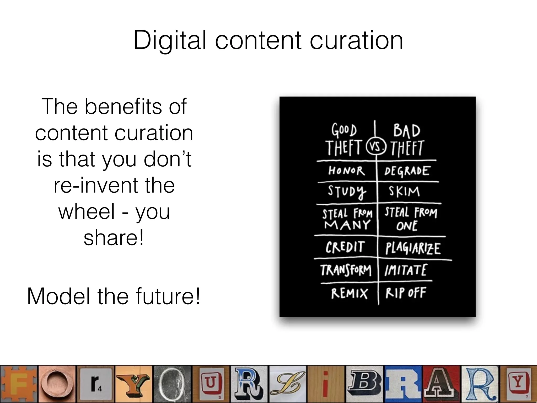 Digital content curation
The beneﬁts of
content curation
is that you don’t
re-invent the
wheel - you
share!
Model the future!
 