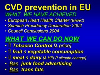CVD prevention in EU

                  EU
WHAT WE HAVE ACHIEVED
• European Heart Health Charter (EHHC)
• Spanish Presidency Declaration 2002
• Council Conclusions 2004
WHAT WE CAN DO NOW
• ⇑ Tobacco Control [& price]
• ⇑ fruit & vegetable consumption
• ⇓ meat & dairy [& HELP climate change]
• Ban junk food advertising
• Ban trans fats
 