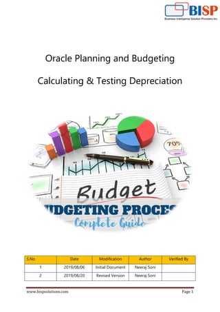 www.bispsolutions.com Page 1
Oracle Planning and Budgeting
Calculating & Testing Depreciation
S.No Date Modification Author Verified By
1 2019/08/06 Initial Document Neeraj Soni
2 2019/08/20 Revised Version Neeraj Soni
 