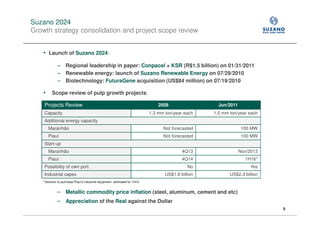 Suzano 2024
Growth strategy consolidation and project scope review

                                                                                                           Inflação
    • Launch of Suzano 2024:
             − Regional leadership in paper: Conpacel + KSR (R$1.5 billion) on 01/31/2011
             − Renewable energy: launch of Suzano Renewable Energy on 07/29/2010
             − Biotechnology: FuturaGene acquisition (US$84 million) on 07/19/2010
    • Scope review of pulp growth projects:
    Projects Review                                                             2008                  Jun/2011
    Capacity                                                                1.3 mm ton/year each    1.5 mm ton/year each
    Additional energy capacity
       Maranhão                                                                   Not forecasted                  100 MW
       Piauí                                                                      Not forecasted                  100 MW
    Start-up
       Maranhão                                                                            4Q13                  Nov/2013
       Piauí                                                                               4Q14                    1H16*
    Possibility of own port                                                                   No                      Yes
    Industrial capex                                                               US$1.8 billion          US$2.3 billion
   * Decision to purchase Piauí’s industrial equipment estimated for 1H14


                   Metallic commodity price inflation (steel, aluminum, cement and etc)
                   Appreciation of the Real against the Dollar
                                                                                                                            5
 