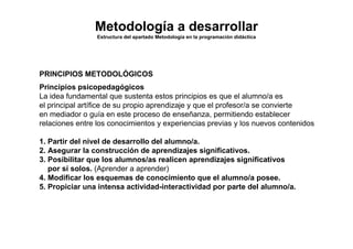 Metodología a desarrollar
Estructura del apartado Metodología en la programación didáctica
PRINCIPIOS METODOLÓGICOS
Principios psicopedagógicos
La idea fundamental que sustenta estos principios es que el alumno/a es
el principal artífice de su propio aprendizaje y que el profesor/a se convierte
en mediador o guía en este proceso de enseñanza, permitiendo establecer
relaciones entre los conocimientos y experiencias previas y los nuevos contenidos
1. Partir del nivel de desarrollo del alumno/a.
2. Asegurar la construcción de aprendizajes significativos.
3. Posibilitar que los alumnos/as realicen aprendizajes significativos
por sí solos. (Aprender a aprender)
4. Modificar los esquemas de conocimiento que el alumno/a posee.
5. Propiciar una intensa actividad-interactividad por parte del alumno/a.
 