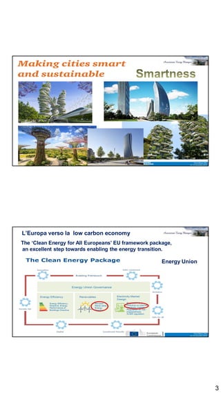 3
ing. Pasquale Capezzuto
I NUOVI EDIFICI
ing. Pasquale Capezzuto
The ‘Clean Energy for All Europeans’ EU framework package,
an excellent step towards enabling the energy transition.
L’Europa verso la low carbon economy
Energy Union
 