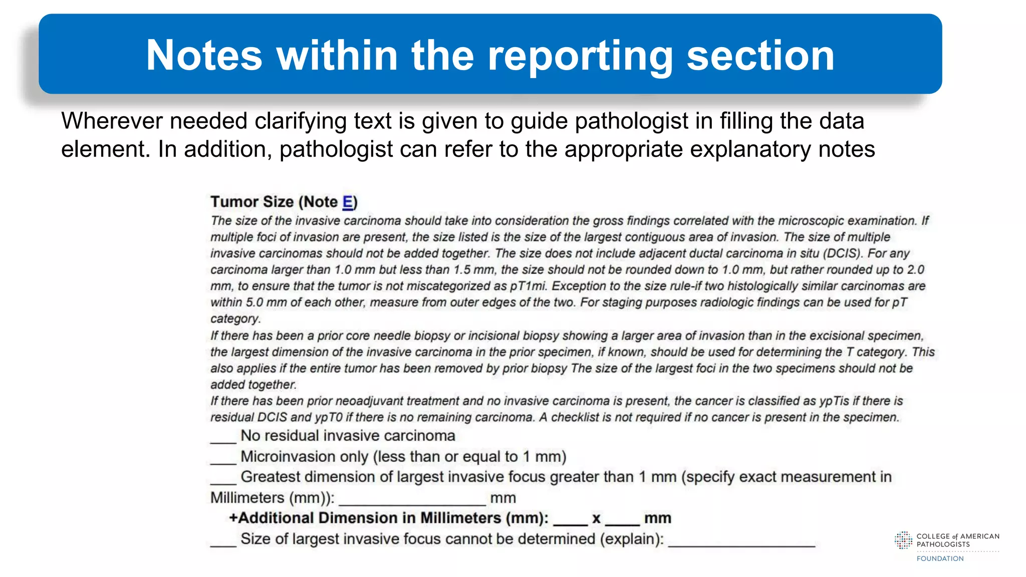 Wherever needed clarifying text is given to guide pathologist in filling the data
element. In addition, pathologist can refer to the appropriate explanatory notes
Notes within the reporting section
 
