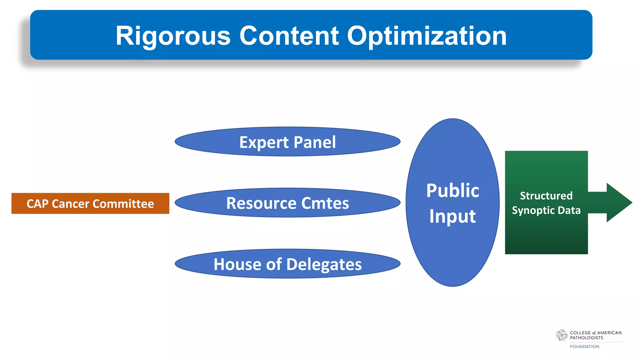 Rigorous Content Optimization
CAP Cancer Committee
Expert Panel
Resource Cmtes
House of Delegates
Public
Input
Structured
Synoptic Data
 